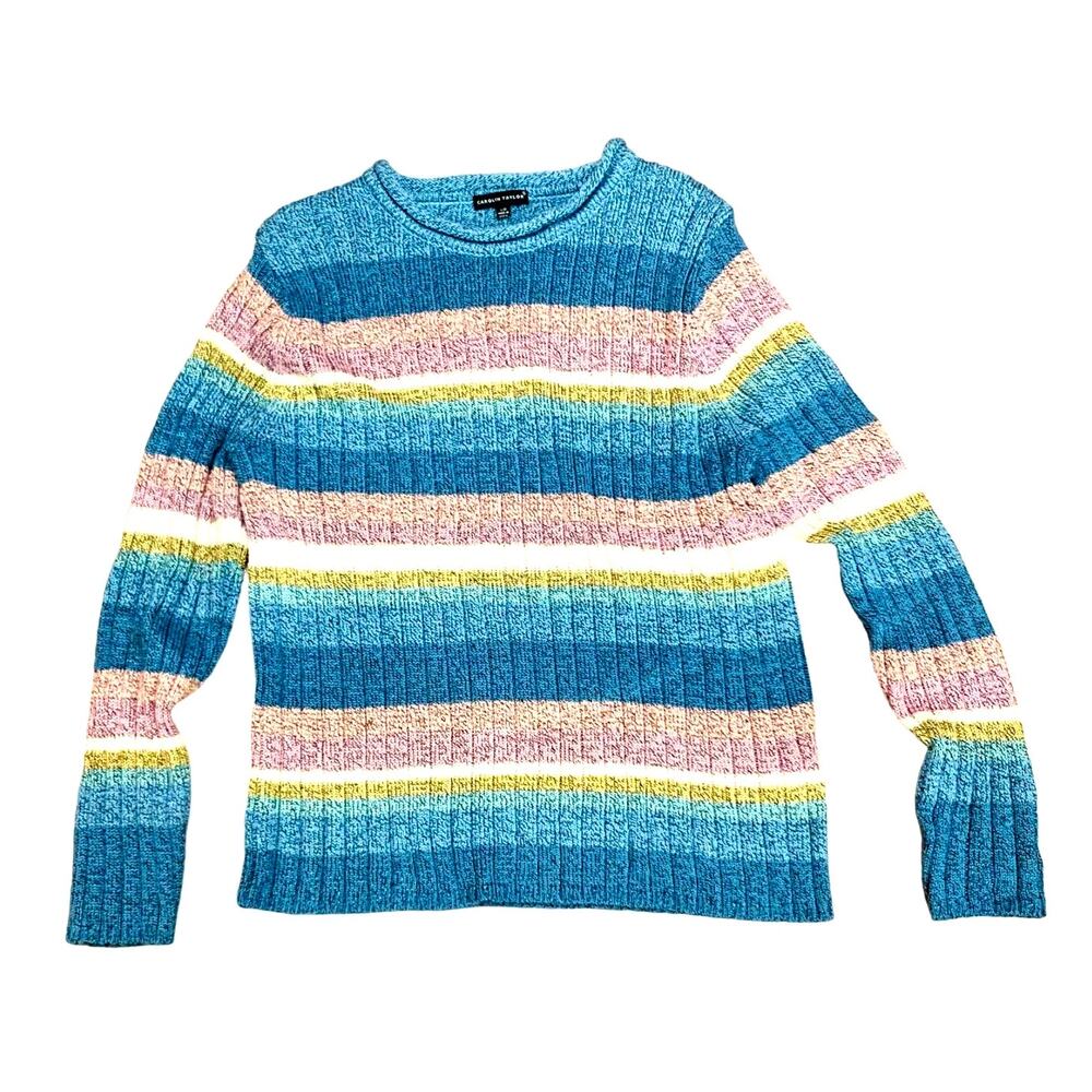 Carolyn Taylor Sweater L Pullover Long Sleeve Striped Heather Blue Pink White